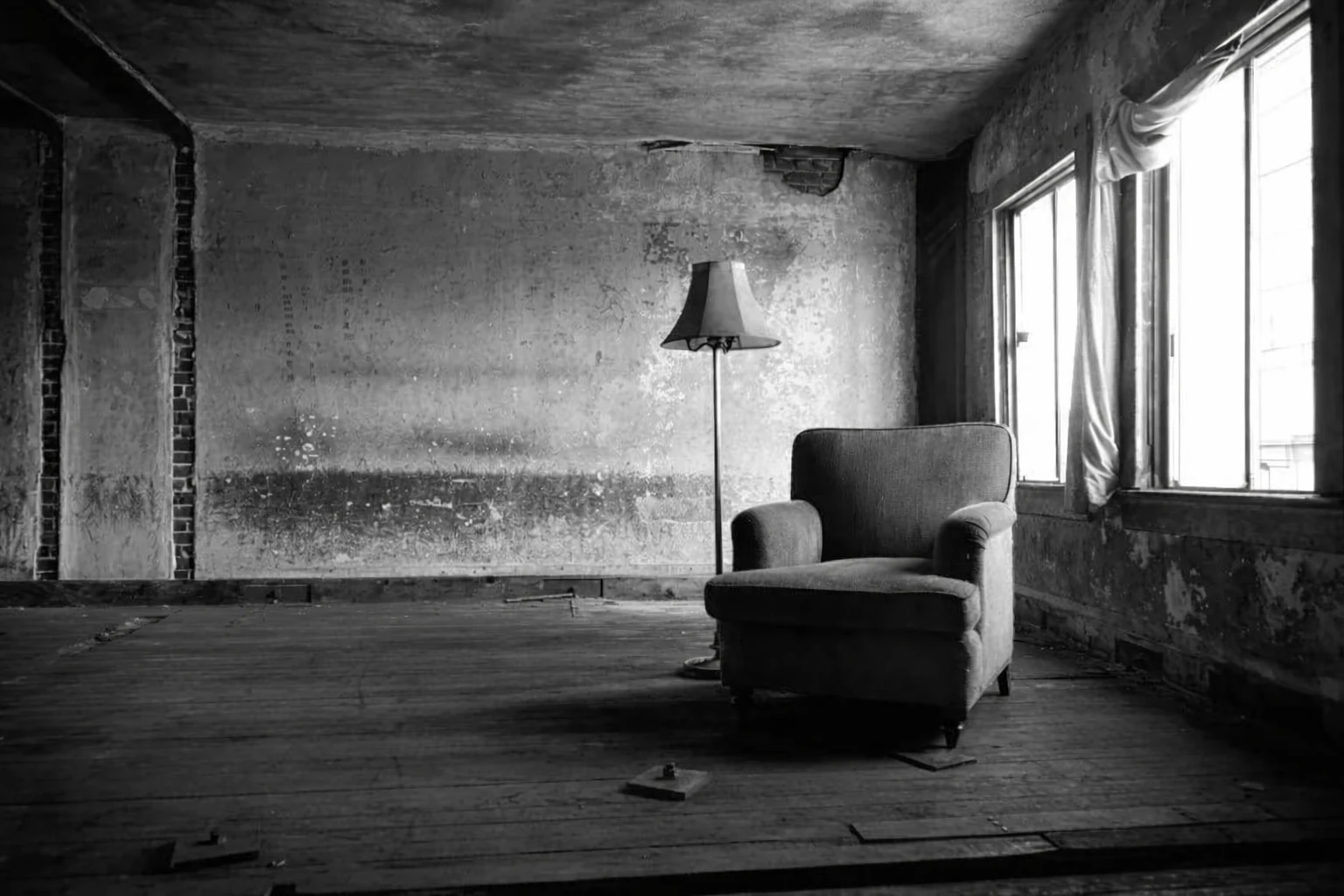 Tom lænestol i et slidt rum med dagslys fra et vindue